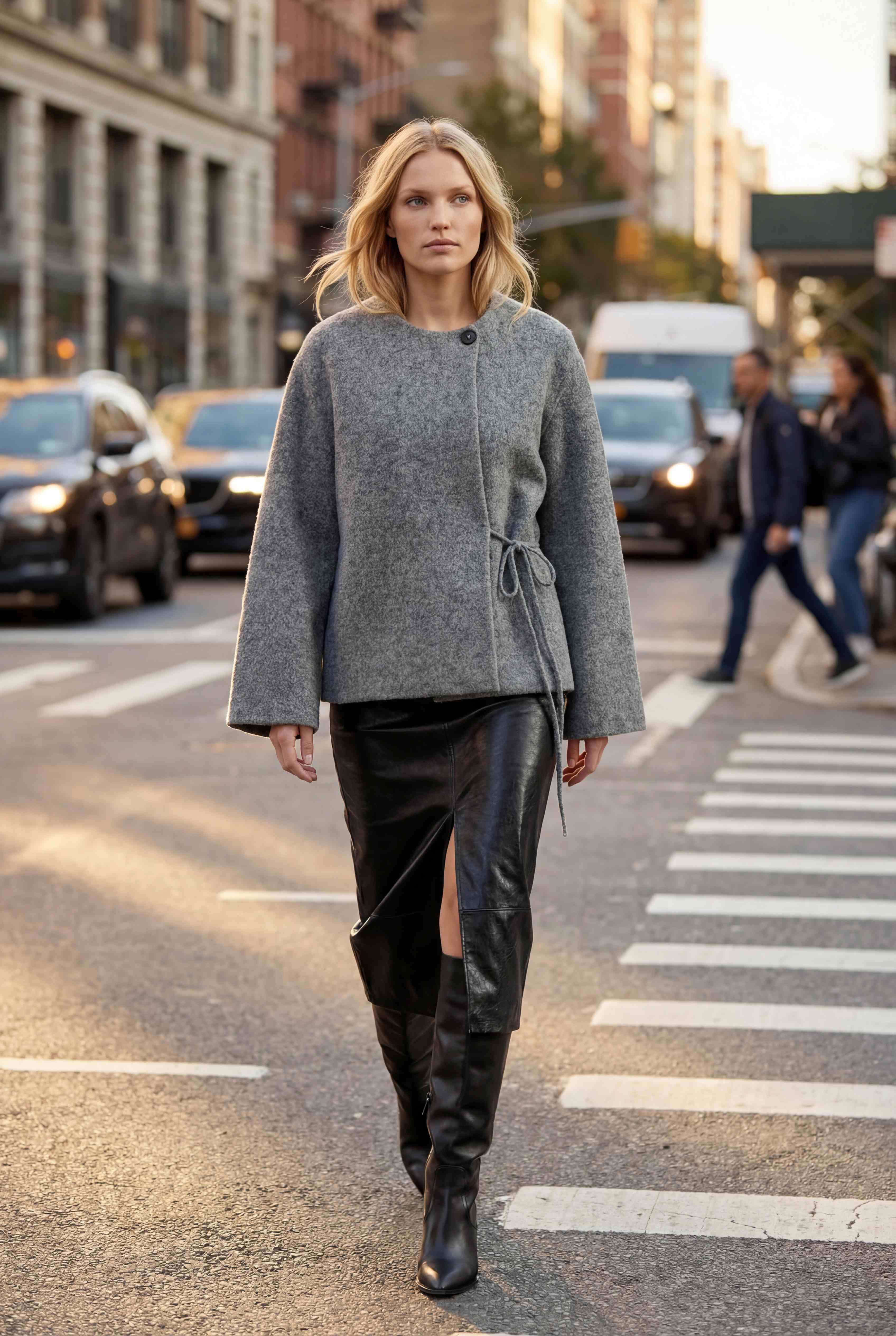 Gray wrap coat with leather skirt street style